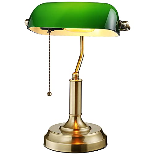 TORCHSTAR Green Glass Bankers Desk Lamp, Antique Desk Lamps with Brass Finish Base, Traditional Library Lamp with Pull Chain, E26 Base, Vintage Desk Lamp for Office, Study Room