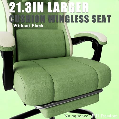 HOTOSYCH Gaming Chair, High Back Fabric Computer Chair with Pocketed Spring Cushion and Footrest, Height Adjustable Game Chair with Headrest and Lumbar Support (Beige & Green)
