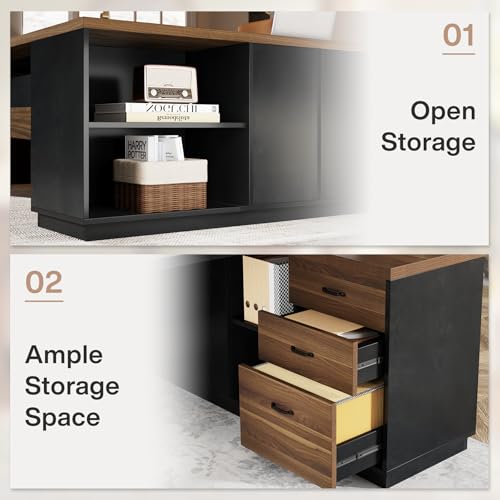 Tribesigns 78" L-Shaped Executive Desk, Extra Large Modern Office Desk with Drawers and File Cabinet, Business Furniture with Storage Shelves, Big Computer Desk for Home Office (Light Walnut + Black)