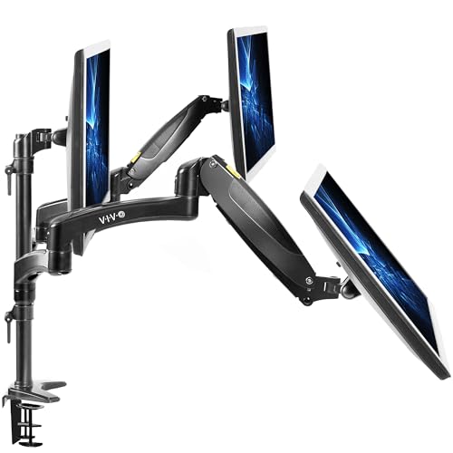 VIVO Triple Pneumatic Monitor Mount for 3 Screens up to 32 inches, Fully Adjustable, Heavy Duty Desk Stand with C-Clamp Grommet, Black, STAND-V300G