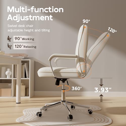 HomeZeer White Office Chair, Mid Back Leather Desk Chair with Wheels and Padded Arms, Swivel Vanity Chair for Bedroom, Computer Chair for Study and Work