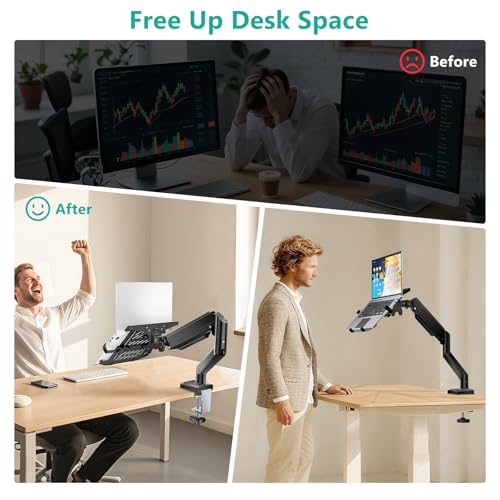 WALI Single Arm Laptop and Monitor Desk Mount for 17" Notebook and Up to 32" Screen, 2-in-1 Adjustable Monitor Arm with Laptop Tray, VESA 75x75 100x100,Holds 22-26.4 lbs, Black (GSMP001NLP)