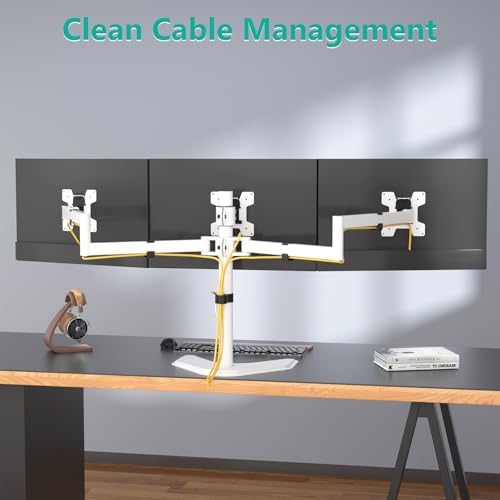 WALI Triple Monitor Stand, Free Standing Three LCD Monitor Fully Adjustable Desk Mount Fits 3 Screens up to 27 inch, 22 lbs Weight Capacity per Arm (MF003-W), White