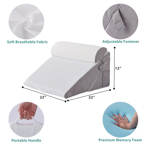 Bedluxe Wedge Pillow Headboard, 3PCS Orthopedic Bed Wedge Pillows Set for After Surgery, Adjustable Pillow Wedge for Acid Reflux&Back Pain Relief, Sleeping, Back Pillow for Bed Sitting Up, White/Grey