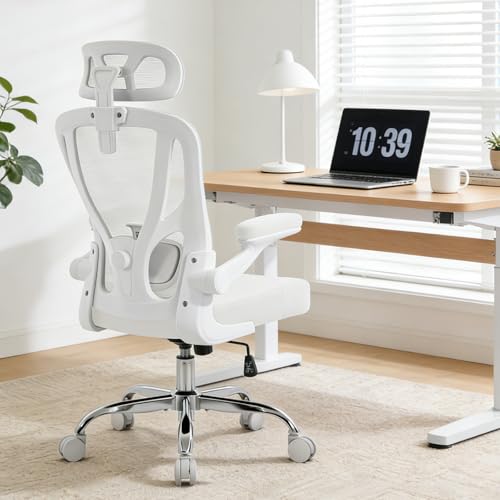 shipborne Office Chair Ergonomic Office Chair with Lumbar Support, Head Support, Rocking Function, FLIP-up Armrests, Mesh High Back Chair Home Office Desk Chair, Suitable for Home, Office, White