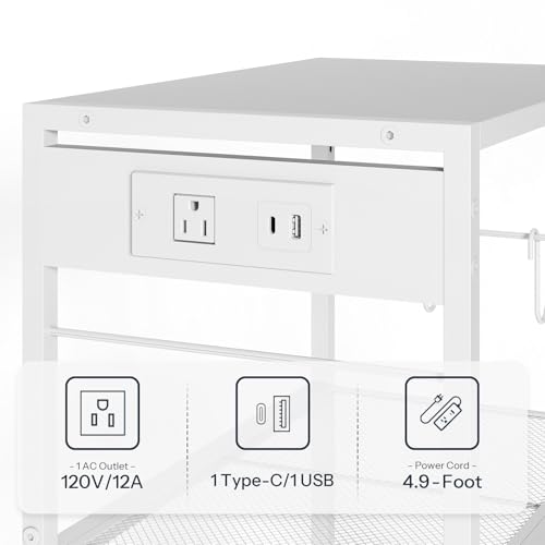 HOOBRO Industrial Printer Stand, 3-Tier Mobile Printer Table, Rolling Cart with Power Outlets and USB Ports, Home Printer Stand with 2 Hooks, for Office, Living Room, White WW22UPS01