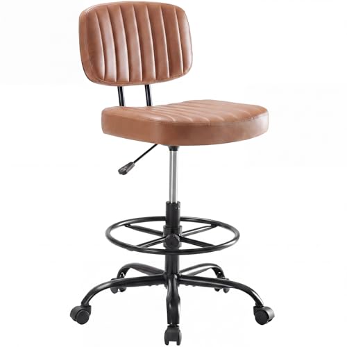 DUMOS Armless Drafting Chair, Low Back Office Seat with Adjustable Footrest Ring for Standing Desk, Ergonomic PU Leather Office Seating, Swivel Rolling High Stool for Studio, Lab, Counter, Brown