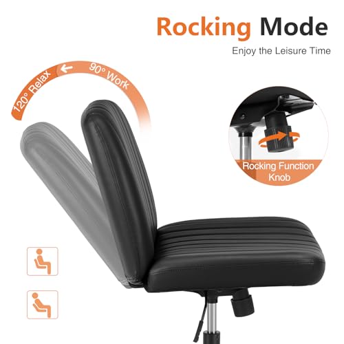 Sweetcrispy Criss Cross Chair Legged, PU Leather Armless Office Swivel Desk Chairs No Wheels, Vanity Height Adjustable Wide Seat Faux Leather Computer Task Chair for Home Bedroom, PU-Black