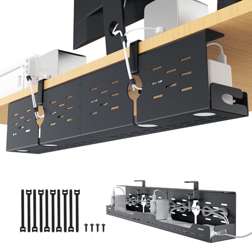 Univivi Under Desk Cable Management Tray - 32" Steel Cord Organizer, No-Drill C-Clamp & Screw Mount for Office/Home, Effortless Wire Management (Black)