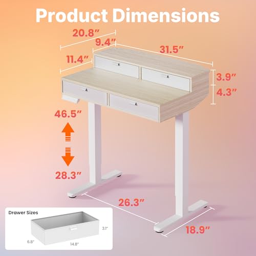 HUANUO 32 X 20 inch Electric Standing Desk with 4 Drawers, Adjustable Height Sit Stand Home Office Desk, C-Clamp Mount Compatible, Ergonomic Stand up Desk with 4 Preset Heights, Natural