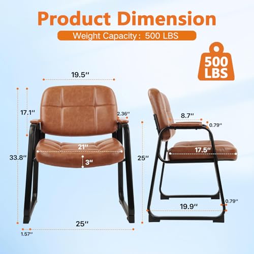 CLATINA Big & Tall 500 lbs Waiting Room Chairs with Padded Armrests and Sled Base, Leather Stationary No Wheels Office Guest Chair for Reception Lobby Home and Meeting Conference, Brown (4 Pack)