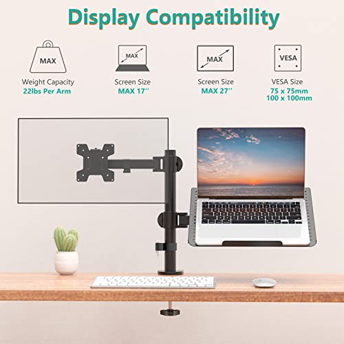 WALI Monitor and Laptop Mount, Dual Monitor Stand with Laptop Tray Fit Computer Screens up to 32”, Laptop Desk Mount with Notebook up to 17”