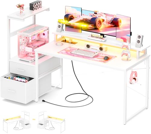 Aheaplus Gaming Desk with LED Strip & Power Outlet, 59Inch Reversible Computer Desk with Monitor Stand & Storage Shelves, Home Office Desks with Fabric File Drawer, Gamer Table PC Desk, White