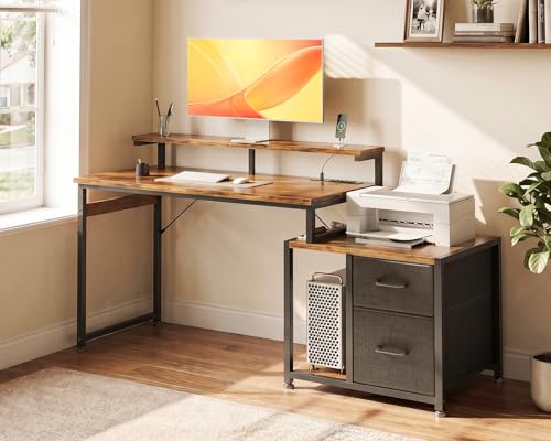 AODK Computer Desk with Printer Storage Shelf, 56 Inch Office Desk with Drawers & Power Outlet, Reversible Desk Space-Saving Workstation with Individual PC Stand, Rustic Brown