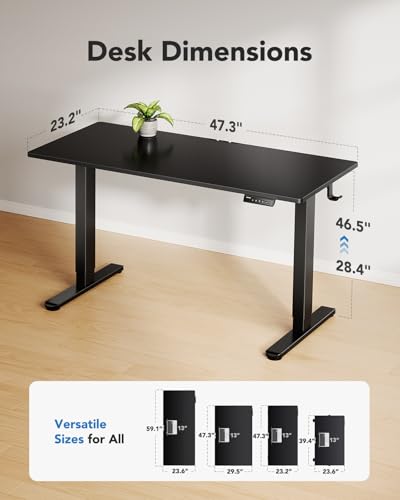 HUANUO Electric Standing Desk, Whole Piece Desktop, Adjustable Height Computer Desks, 4 Height Memory Settings, Sit Stand Up Desk for Home Office, 48" x 24", Black