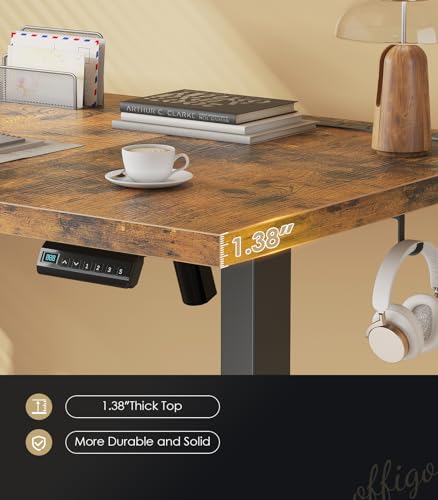 OffiGo 71 Inch Executive Electric Standing Desk, Height Adjustable Desk with Power Outlet & 1.38" Thick 3-Piece Desktop, Sit Stand Computer Desk for Home, Office, Conference Room, Rustic Brown