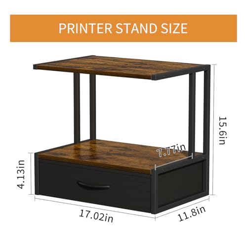 VYUOL Printer Stand with Storage for Desk, with Fabric Drawer Desktop Printer Stand Shelf Organzier for Home Office, for Above and Under Desk Printer Table, Fax Machine Copier Scanner, Brown
