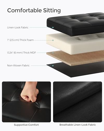 SONGMICS Small Folding Storage Ottoman, Foot Rest Stool, Cube Footrest, Synthetic Leather, 12.2 x 16.1 x 12.2 Inches, 286 lb Capacity, for Living Room, Bedroom, Dorm, Ink Black ULSF100B01