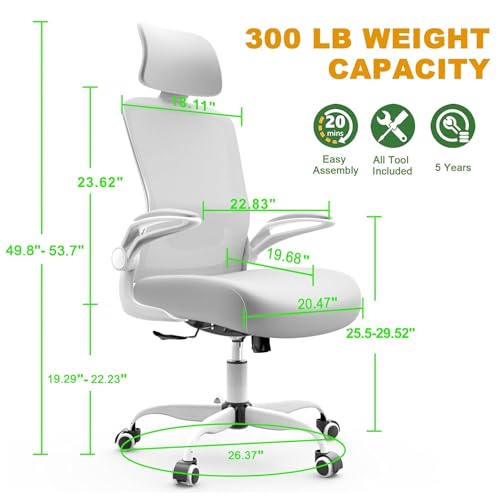 Mimoglad Office Chair, High Back Ergonomic Desk Chair with Adjustable Lumbar Support and Headrest, Swivel Task Chair with flip-up Armrests for Guitar Playing, 5 Years Warranty