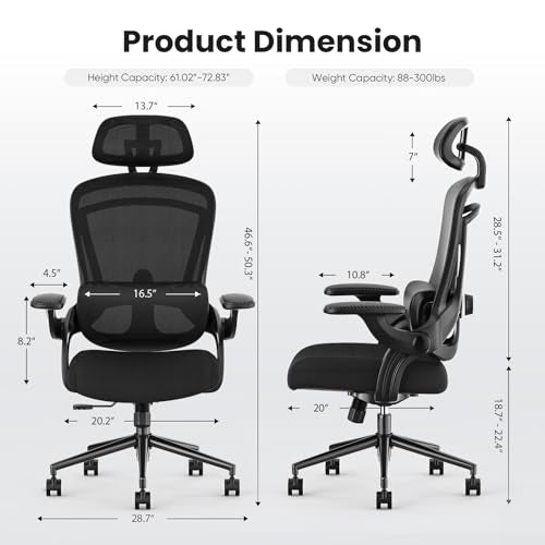 Sweetcrispy Office Ergonomic Desk Chair, 300 LBS Home Mesh Chairs with Wheels, 2D Headrest, Up&Down Lumbar Support, Swivel High Tall Back Computer with Flip-up Armrests, Dark Black