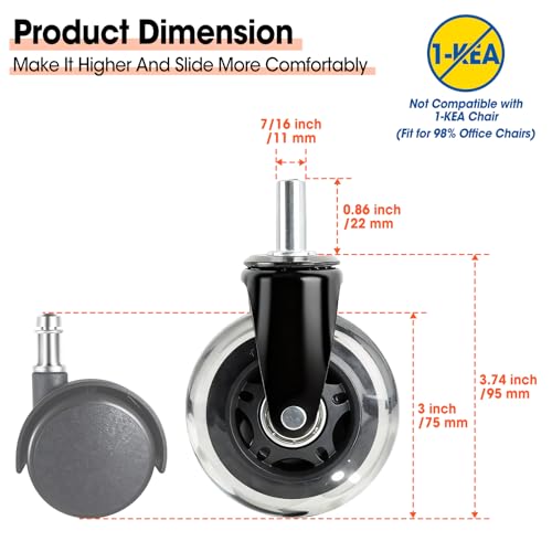 BGUP Office Chair Wheels, Set of 10 Rubber Caster Wheels, Roller Blade Wheel Heavy Duty Casters, Replacement Wheels for Most Chair Wheel, Easy to Install (Not for IKEA)