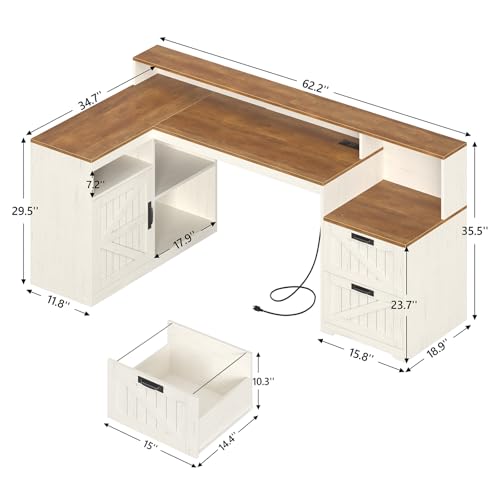 TVU Farmhouse L Shaped Desk with Drawers, 62.2" Home Office Desk with Storage Shelves and Power Outlet, L Shaped Computer Desk with Monitor Stand and Printer Shelf, Brown and White