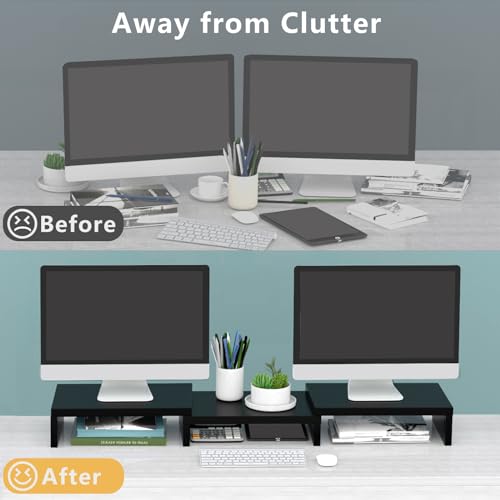 TAVR Dual Monitor Stand Riser Office Desktop Organizer Stand for 2 Monitors, Adjustable Length and Angle 3 Shelf, Extra Long Multifunctional Wooden Stand up to 43.3" fit Computer, Laptop, TV, Black