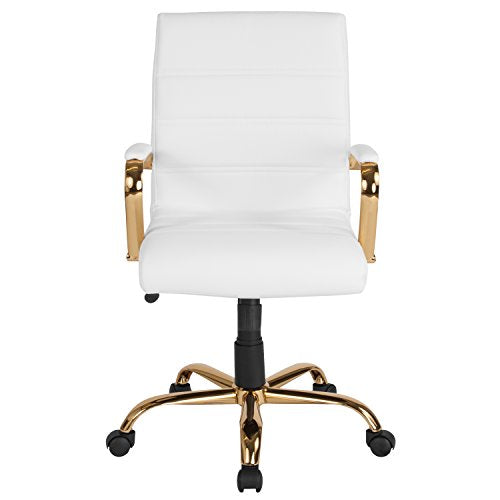 Flash Furniture Whitney Mid-Back Swivel LeatherSoft Desk Chair with Padded Seat and Armrests, Adjustable Height Padded Office Chair, White/Gold