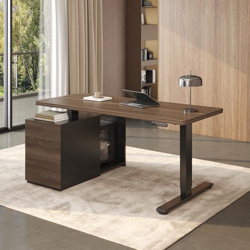 FLEXISPOT 60" Executive Standing Desk with Drawers & CPU Holder, Dual Motor Height Adjustable Desk, 222 LBS Capacity, 1" Thick Desktop, Home Office Workstation, Black Walnut, 3 Packages