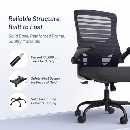 QLTPLUS Office Desk Chair for Long Hours & Lower Back Pain Relief – 4“ Thick Molded Foam Cushion, Enhanced Lumbar Support, Padded Flip-up Armrests, Ideal for Office or Study, Black