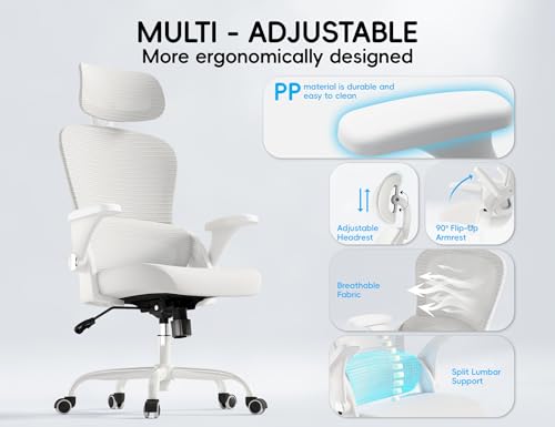 TRALT Office Chair - Ergonomic Office Chair with Back Support, Home Office Desk Chairs, 330lbs Wide Seat Big and Tall Office Chairs with Headrest, Comfy Desk Chairs (White)