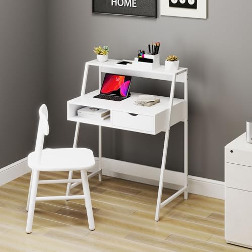 HOMCOM Home Office Desk, Computer Desk with A Frame for Small Spaces, Writing Table with Drawer and Storage Shelves, White