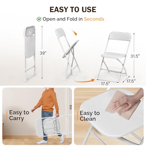 Bonnlo Folding Chairs Set of 10, White Plastic Chair Sturdy Seat with Metal Frame, Perfect for Party, Event, Wedding, Birthday, Office, Outside Entertaining