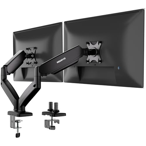 Mount-It! Dual Monitor Desk Mount, Two Independent Gas Spring Arms, Fits 13-32" Screens up to 17.6 lbs Each, VESA 75x75 & 100x100, Full Motion Tilt Swivel Rotate, C-Clamp & Grommet Base