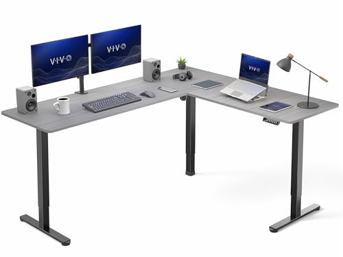 VIVO Corner Standing Desk, 75 x 63 inch Reversible L-Shaped Workstation, Electric Height Adjustment, Home, Office, and Reception Rooms, Dark Gray Table Top Black Frame, DESK-E3CTG-75