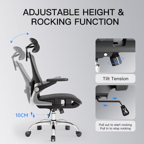 marrap Ergonomic Office Chair, Mesh Desk Chair with 3D Armrests, Adjustable Lumbar Support and Headrest, 90-120° Rocking Function, Black