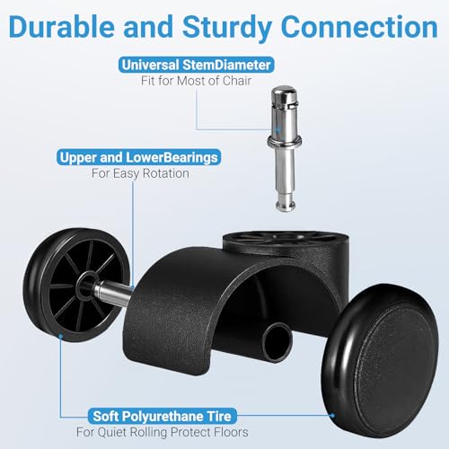 2 Inch Office Chair Casters Wheels Heavy Duty, 5 pcs Chair Wheel Replacement, Mute Rubber Rotating Desk Chair Wheels for All Floor, Smooth & Quiet Caster, Universal Standard Stem Size Fits 99%