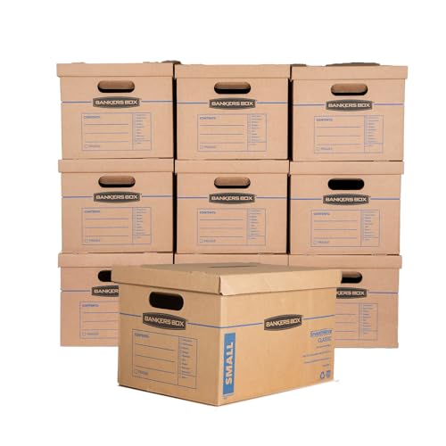 Bankers Box Small Classic Moving Box 10 Pack, Reinforced Handles, Tape-Free Assembly, Box with Lid, 15" x 12" x 10", Cardboard