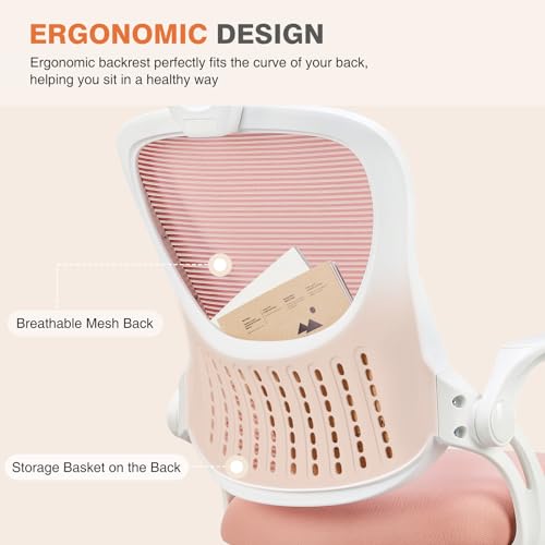 Sweetcrispy Office Computer Desk Chair, Ergonomic High-Back Mesh Rolling Work Chairs with Wheels and Adjustable Headrests, Comfortable Lumbar Support, Comfy Flip-up Arms for Home, Bedroom, Study, Pink