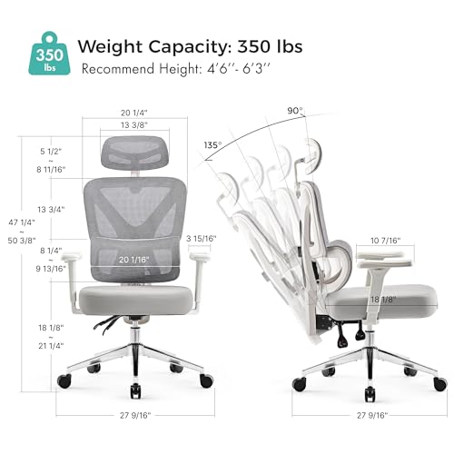 EUREKA ERGONOMIC Exis Ergonomic Chair, Office Chairs with Adjustable Lumbar Support & Multi-Position Backrest, Gaming Chair with High-Resiliency Seat for Long Hours, 360° Rotatable Armrests, White