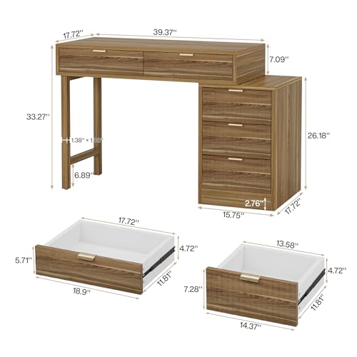 Tribesigns Computer Desk with 5 Drawers, Reversible Small Writing Desk with Storage, Modern Wooden Study Corner Table Workstation for Home Office, Small Spaces, Walnut Brown