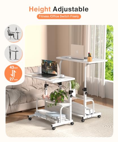 QZMDSM Portable Desk with Wheels Small Standing Desk on Wheels Adjustable Height Rolling Desks for Small Spaces, 32" Computer Desks with Storage Shelves for Home Office Study White