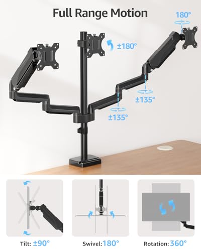 MOUNTUP Triple Monitor Stand Mount - 3 Monitors Desk Mount for Computer Screens Up to 27 inch, Triple Monitor Arm, Heavy Duty Monitors Stand, Each Arm Holds 4.4-19.8 lbs, Black