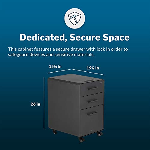 Vari Three Drawer File Cabinet - Mobile Filing Cabinet for Home or Office - Hanging File Storage - Lockable Drawers with Heavy-Duty Steel and Rolling Casters - Charcoal Grey