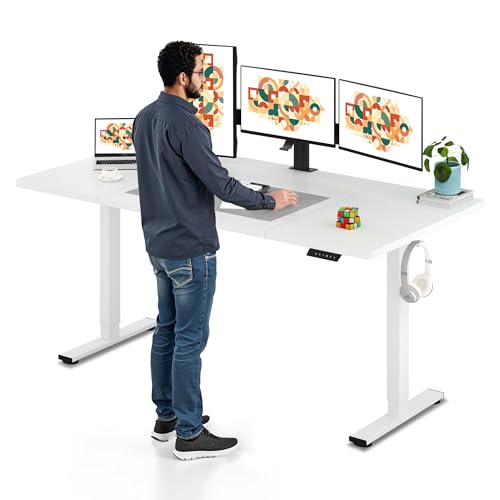 SANODESK Electric Standing Desk, 71 x 32'' Height Adjustable Sit Stand Desk with Large Splice Board Desktop Ergonomic Memory Presets Computer Workstations for Home Office, White Frame/White Top