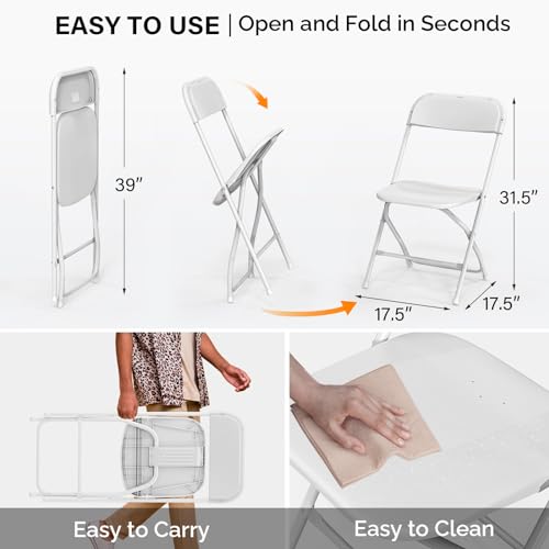 VINGLI 10 Pack White Plastic Folding Chair, Indoor Outdoor Portable Stackable Commercial Seat with Steel Frame 350lb. Capacity for Events Office Wedding Party Picnic Kitchen Dining