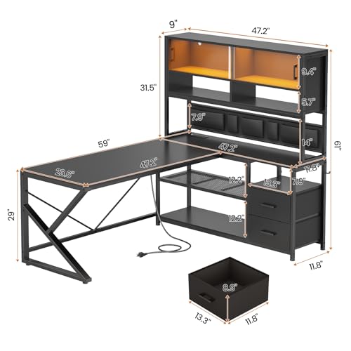 SEDETA L Shaped Gaming Desk, Home Office Computer Desk with 2 Drawer and Bookshelf, L Shaped Gaming Desk with LED Light, Glass Cabinet and Storage Bag, Corner Desk with Storage Shelves, Black