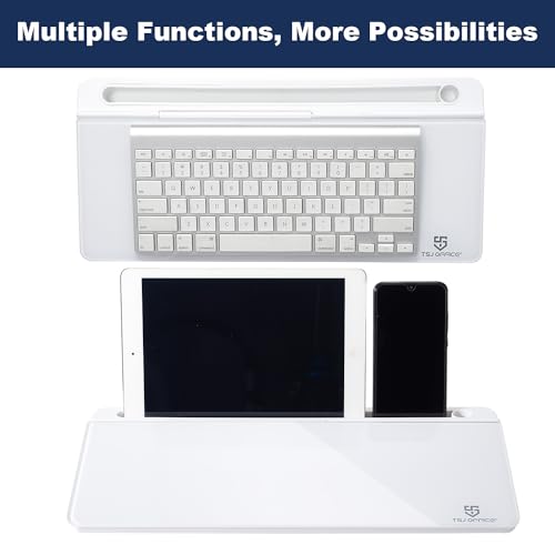 TSJ OFFICE Small Desktop Whiteboard -Glass Dry Erase Board Computer Keyboard Stand White Board Surface Pad with Drawer, Desk Organizers with Accessories for Office, Home, School Supplies - White