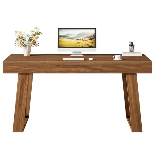 Tribesigns 55-inch Computer Desk with Drawer, Retro Walnut Big Home Office Desk, Modern Executive Desk Writing Desk Workstation Table for Home