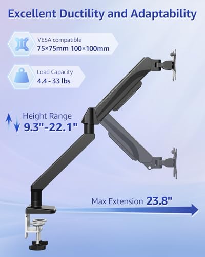 MOUNTUP Heavy Duty Single Monitor Arm for 42 40 39 34 32 27Inch Screens, Monitor Stand for Desk Supports 4.4-33 lbs, Height Adjustable Ultrawide Monitors Mount with C-Clamp & Grommet Base